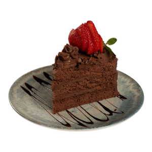 Rich chocolate fudge cake slice layered with chocolate cream, topped with fresh strawberries and chocolate drizzle.